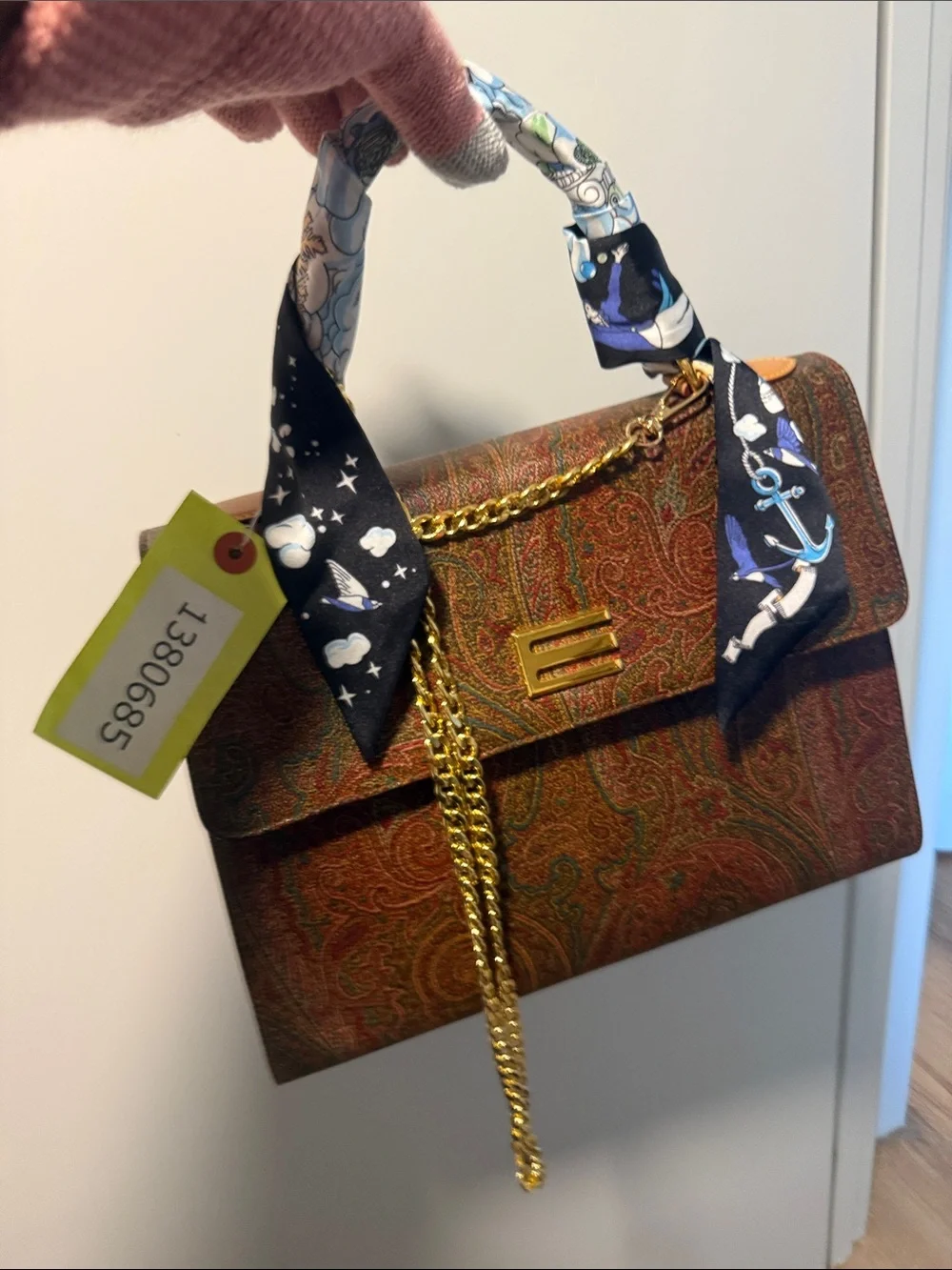 Etro Milano -Textured Brown Satchel with Scarf-Wrapped Handle and Gold Chain